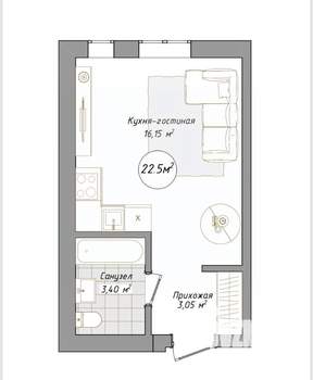 Студия квартира, вторичка, 23м2, 2/2 этаж