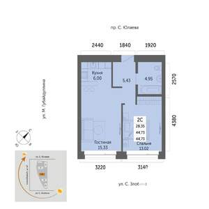 2-к квартира, вторичка, 45м2, 15/32 этаж