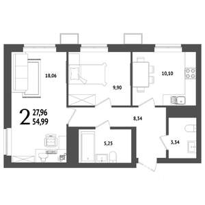 2-к квартира, вторичка, 55м2, 19/25 этаж