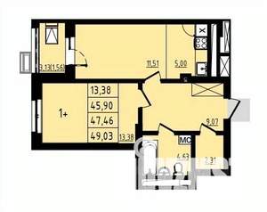 1-к квартира, вторичка, 47м2, 21/25 этаж