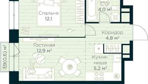 1-к квартира, строящийся дом, 40м2, 13/15 этаж