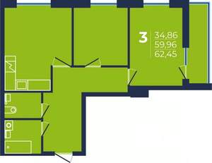 3-к квартира, строящийся дом, 62м2, 2/25 этаж