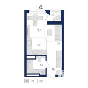 1-к квартира, вторичка, 25м2, 6/22 этаж