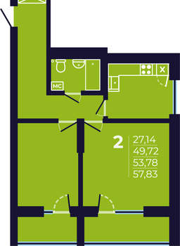 2-к квартира, вторичка, 54м2, 22/25 этаж