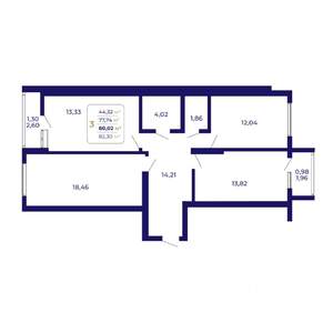3-к квартира, строящийся дом, 80м2, 19/21 этаж