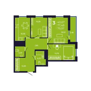 3-к квартира, строящийся дом, 80м2, 16/25 этаж