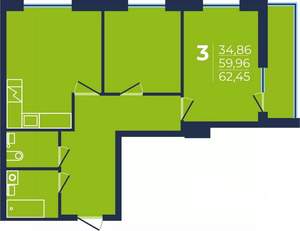 3-к квартира, строящийся дом, 62м2, 2/25 этаж