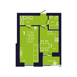 1-к квартира, строящийся дом, 41м2, 2/12 этаж