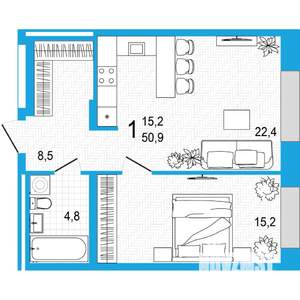 1-к квартира, вторичка, 51м2, 3/18 этаж