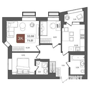 3-к квартира, строящийся дом, 75м2, 12/21 этаж