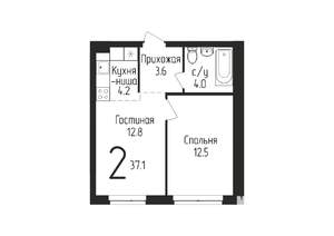 1-к квартира, строящийся дом, 37м2, 1/25 этаж