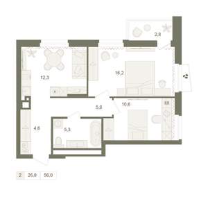 2-к квартира, вторичка, 56м2, 11/25 этаж