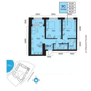 3-к квартира, вторичка, 68м2, 2/31 этаж