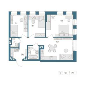 3-к квартира, вторичка, 71м2, 14/16 этаж