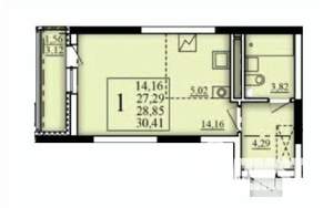 1-к квартира, строящийся дом, 29м2, 17/25 этаж