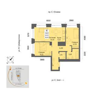 3-к квартира, вторичка, 64м2, 24/32 этаж