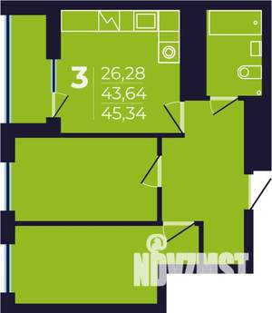 3-к квартира, строящийся дом, 45м2, 24/25 этаж