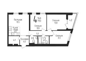 3-к квартира, строящийся дом, 79м2, 2/25 этаж