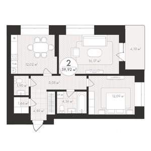 2-к квартира, строящийся дом, 60м2, 7/24 этаж