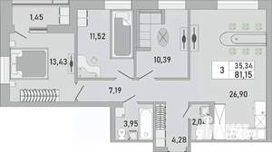 3-к квартира, строящийся дом, 81м2, 24/24 этаж