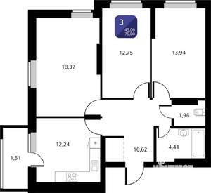 3-к квартира, вторичка, 76м2, 4/25 этаж