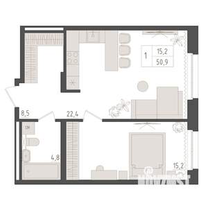 1-к квартира, вторичка, 51м2, 2/18 этаж