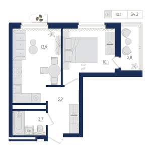 1-к квартира, вторичка, 34м2, 20/22 этаж