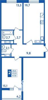 2-к квартира, строящийся дом, 68м2, 14/18 этаж