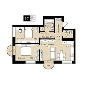 2-к квартира, вторичка, 62м2, 19/25 этаж