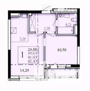 1-к квартира, строящийся дом, 41м2, 14/25 этаж