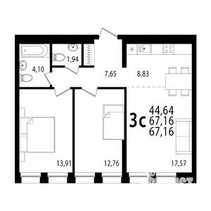 3-к квартира, сданный дом, 67м2, 20/20 этаж