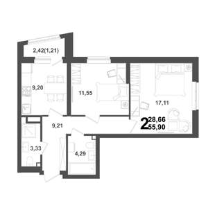 2-к квартира, вторичка, 56м2, 13/21 этаж