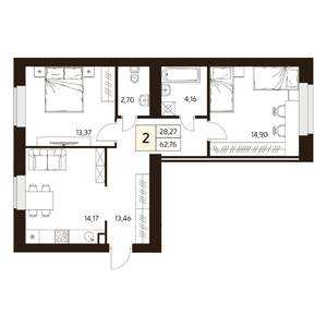 2-к квартира, строящийся дом, 63м2, 1/10 этаж