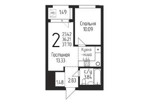 1-к квартира, строящийся дом, 38м2, 17/24 этаж