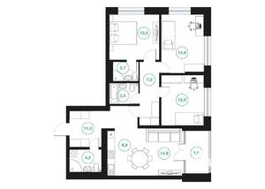4-к квартира, строящийся дом, 92м2, 16/25 этаж