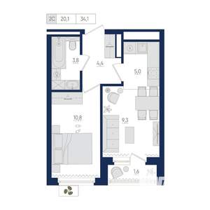 2-к квартира, вторичка, 34м2, 13/22 этаж