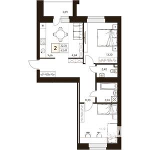 2-к квартира, вторичка, 63м2, 10/10 этаж