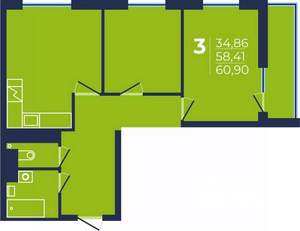 3-к квартира, строящийся дом, 61м2, 24/25 этаж