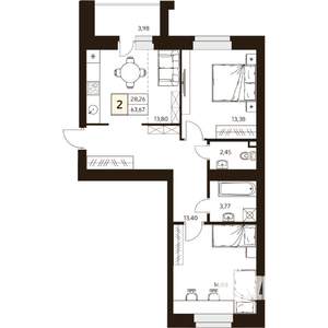 2-к квартира, строящийся дом, 64м2, 10/10 этаж