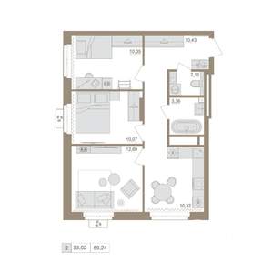2-к квартира, вторичка, 59м2, 5/20 этаж