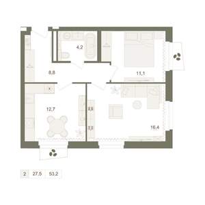 2-к квартира, вторичка, 53м2, 9/10 этаж