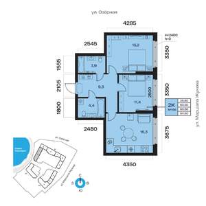 2-к квартира, вторичка, 61м2, 21/32 этаж