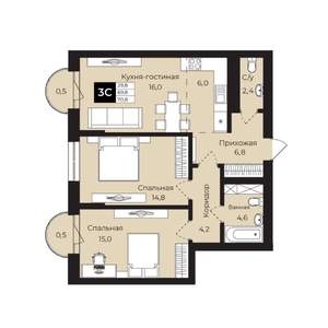 2-к квартира, вторичка, 71м2, 4/25 этаж