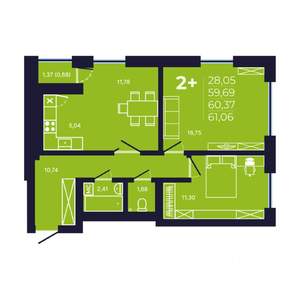 2-к квартира, вторичка, 60м2, 22/25 этаж