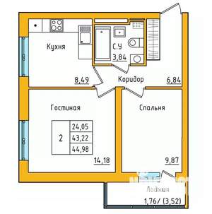 2-к квартира, строящийся дом, 45м2, 26/27 этаж