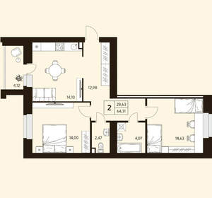 2-к квартира, вторичка, 64м2, 7/10 этаж
