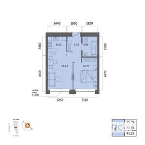2-к квартира, вторичка, 43м2, 22/32 этаж