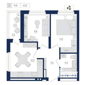 2-к квартира, вторичка, 43м2, 4/22 этаж