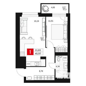 1-к квартира, вторичка, 46м2, 3/15 этаж