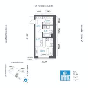 1-к квартира, вторичка, 30м2, 2/20 этаж